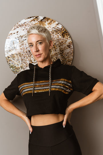 Eclipse Sequin Chest Stripe Short Sleeve Crop Top Hoodie