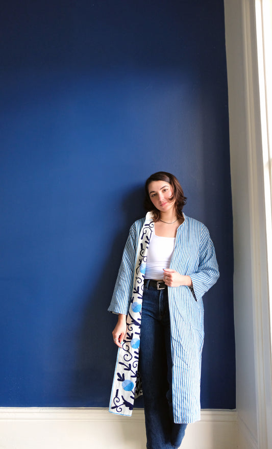 Azure Long Canvas Reversible Suzani Coat