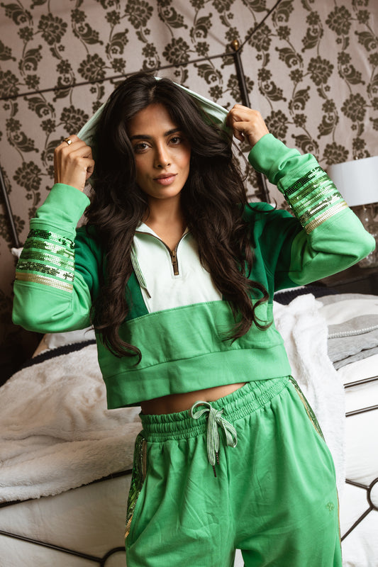 Palm Sequin Arm Stripe Half Zip Color Block Crop Hoodie