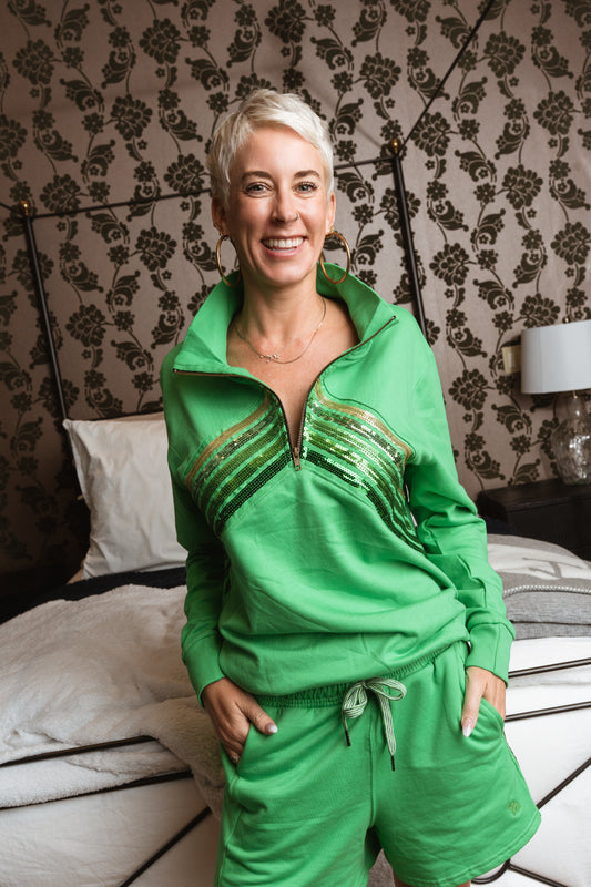 Palm Sequin Chevron Chest Stripe 1/4 Zip Pullover